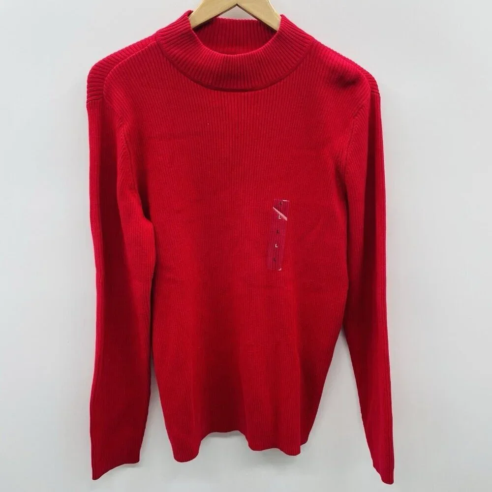 Karen Scott Womens Size Large Cotton Solid Rib Mock-Neck Sweater in New Red SW1